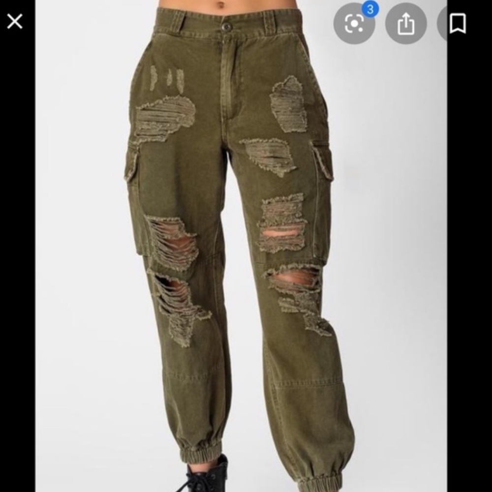 LF Carmar Baggy Grinded Cargo Pant Green Khaki Distressed Cargo Pants w Pockets